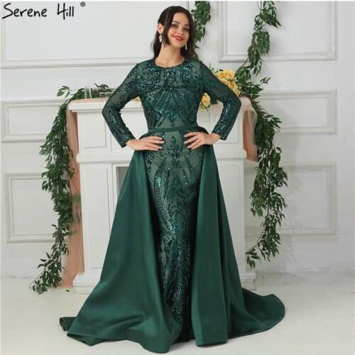 Serene Hill Green Long Sleeves Luxury Mermaid Evening Dress Appliques Sequins Fashion With Train Formal Party Gown 2020 CLA6613