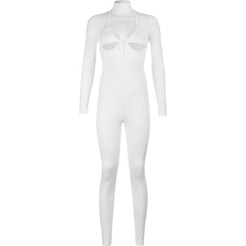 High Quality Womens Fall Romper Skinny Jumpsuit Elastic Long Sleeve High Collar Hollow Gym Yoga Lace-up Wear