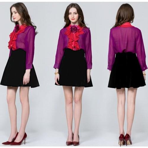 2020 Runway Fashion Luxury Designer Office Womens Blouse Long Sleeve Ruffles Bow Collar Blouse feminina Purple Top