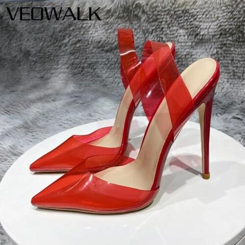 Veowalk Women Transparent PVC Pointy Toe Slingback Stiletto Pumps 12cm High Heel Ladies Jelly Backless Party Shoes Customize