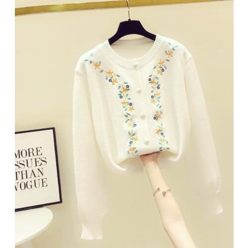 Flower Embroidered Crew Neck Cardigan Sweater Coat for Women 2020 Autumn and Winter Sweaters Woman Knit Cardigans Coats Outwear