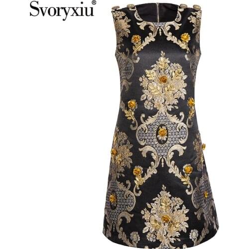 Svoryxiu Designer Summer Women Retro Elegant Mini Dress Sleeveless O-Neck Floral Pattern Embroidery Appliques Slim Short Dresses