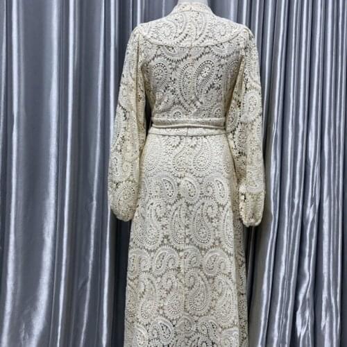 Elegant V-Neck Hollow Lace Dress Two Piece Set Women Spring Summer Tassel Sashes Slim Fit White Long Puff Sleeve Dress Set