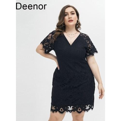 Deenor Plus Size Black Lace Dress for Women 2021 Summer V-neck Wrap Hip Skirt Elegant Dresses Casual Female Clothing