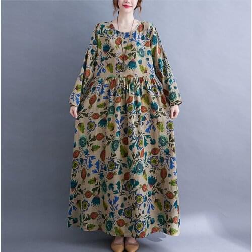 Vintage Autumn Dress 2021 New Arrival Print Floral Plus Size Loose Women Casual Dress Cotton Linen Long Maxi Spring Dress