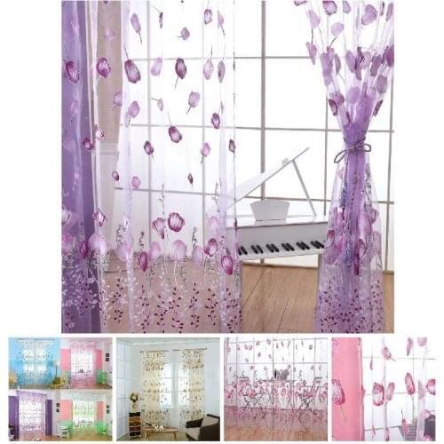 1*2m Modern Window Curtain Tulips Flowers Tulle Valance Beads Tassel Door Drapes Sheer Curtain Panel Home Decoration
