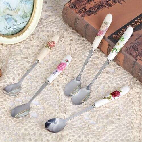 1PC Rose Flowers Ceramics Stainless steel Coffee Spoon Ice Cream Dessert Scoop Rose Flowers Pattern Household Kitchen Supply