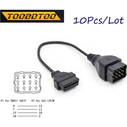 10Pcs/Lot Quality Converter Cable GAZ 12 Pin 12Pin Male to OBD DLC 16 Pin 16Pin Female OBD2 OBDII Car Diagnostic Tool Adapter