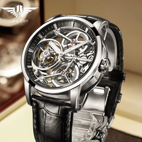 JINLERY Nine-Position Tourbillon Watch Automatic Watch Special Hollow Mechanical Luxury Watches Leather Strap 2021 часы мужские