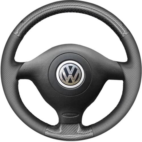 5D Carbon Fiber & Black Hole Leather Steering Wheel Black Stitch on Wrap Cover Fit For VolksWagen VW Golf 4 Passat B5 1996-2003
