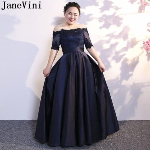 JaneVini Elegant Navy Blue Long Mother of the Bride Dresses Plus Size Beaded Lace Half Sleeve A Line Women Dinner Party Gowns