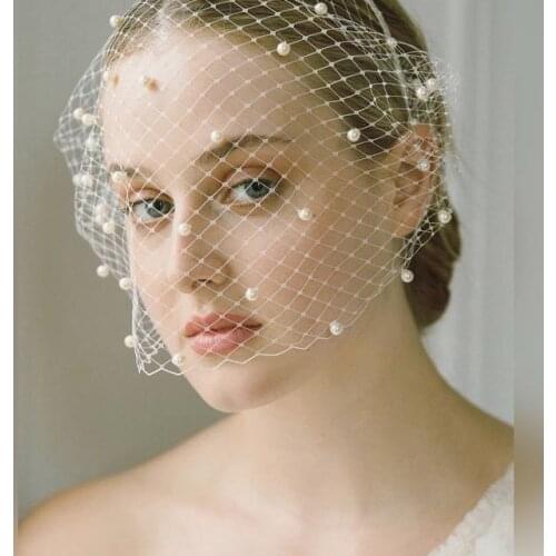 TOPQUEEN VA08 Russian Tulle Cage Veil with Pearls Wedding Veil for Face Cocktail Party Veil Birdcage Veil with Headband Mini Veu