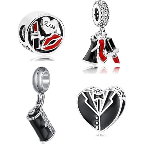 Classic Original Alloy Bead Glamour Trio Kiss Dangle Charm Red Black Enamel Fit Pandora Bracelet Bangle DIY Women Jewelry