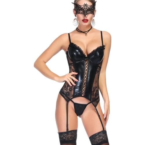 Lace Vinyl Bodysuit Sexy Lingerie Women Plus Size Erotic Underwear Garter Belted Corset Bustier S-6XL
