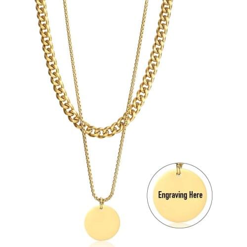 Layered Stainless Steel Necklace Free Engrave tag Pendant Necklace For Women Men Curb Cuban Link Chain DN160
