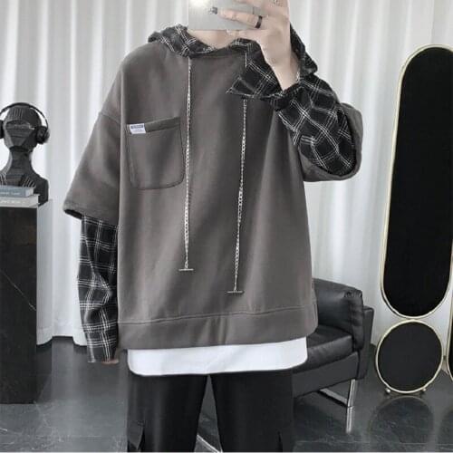 Fake Two-Piece Men Plaid Hoodie Korean Hip Hop Clothes Fashion Loose Sweatshirt Hoodies Streetwear Oversized Male