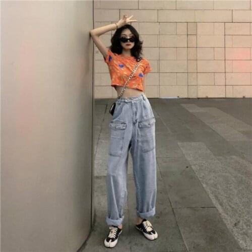 Autumn Women High Waisted Baggy Jeans Loose Korean-Style Cotton Straight-Leg Pants Fashion Patchwork Jeans Cargo Pants Womens