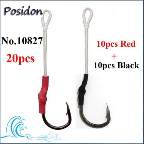 Posidon 20 pcs 10827 Red/Black Tube Each 10 pcs Stainless Steel Jig Assist Hooks Jigging Assist Bait Fishing Hook With PE Line