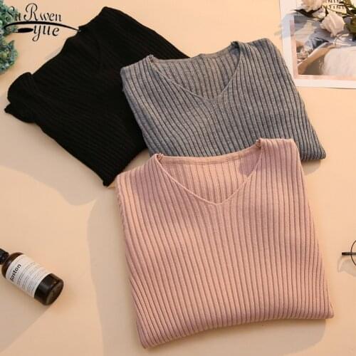 All-match Long Sleeve Loose Office Lady Bottoming Pullover Cotton V-neck Sweater Women 2021 Autumn Korean Slim Pullover 10646