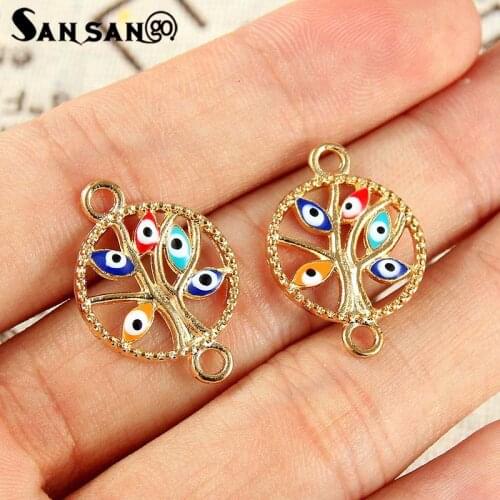 10pcs Gold colour Round Life Tree Colorful Eyes Connector Charms For Bracelet Necklace Connection Jewelry Making DIY Accessories
