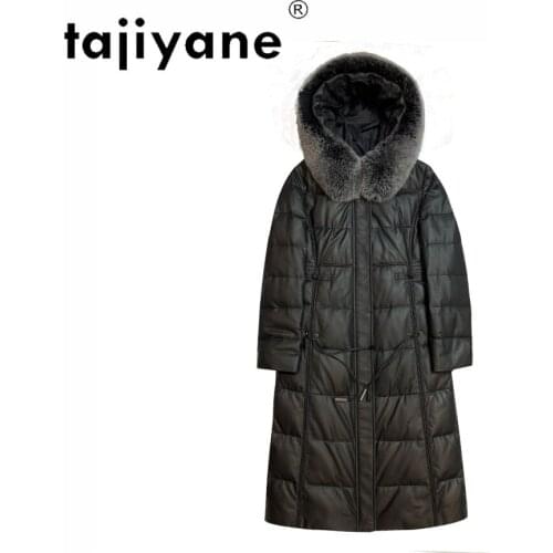Real Jacket Leather Women White Duck Down Coats Woman Fox Fur Collar Hooded Parkas Female Long Coat Abrigo Mujer TN1348