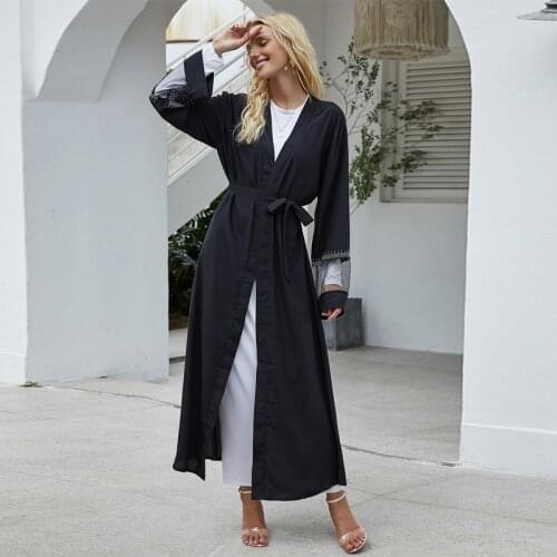 Islamic Middle Eastern Womens Net Yarn Stitching Hot Rhinestone Elegant Muslim Black Cardigan Robe Abayas Arabic Costume