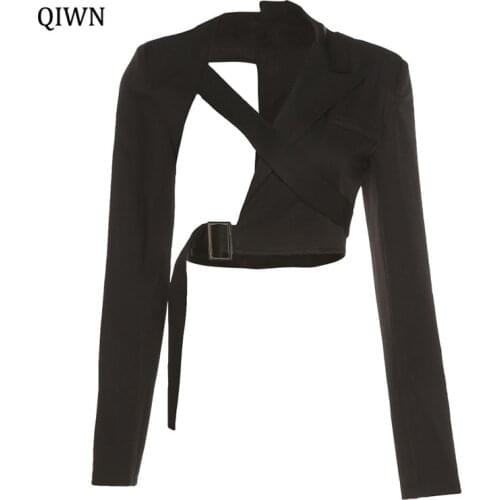 Office Sexy Black Short Coat Women Autumn Long Sleeve Casual Irregular Belt Suit Collar Jacket Crop Top Female Y2k Punk Clothing