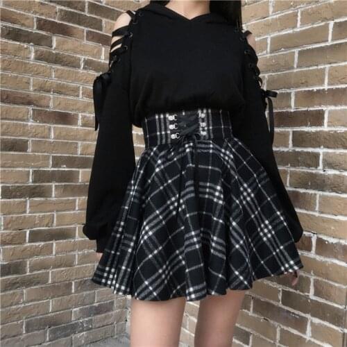 Womens Lace Hole Hooded Sweater+High Waist Plaid Pleated Skirt Gothic Dark Black Korean Fashion Skirt Suit Harajuku Traf Kawaii