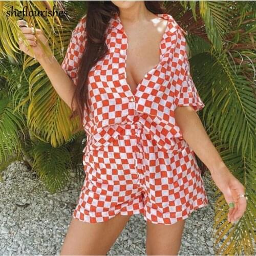 Casual two piece set women summer short sleeve shirt plaid loose blouse print high waisted shorts korean holiday outfits red
