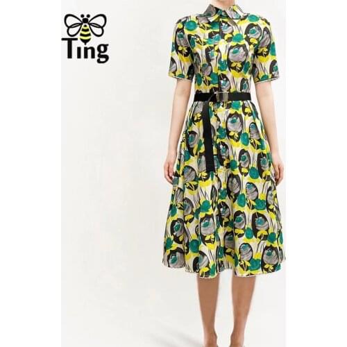 Tingfly Vintage Elegant Floral Printing Single Breasted Summer Dress Women Midi Long Shirt Dress with Belt A Line Vestidos Large