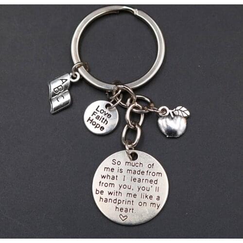1pc You Will Be With Me Like A Handprint On My Heart Charm Textbook & Small Apple DIY Metal Keychain-Tribute language Teacher