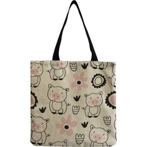 2021 The New Cartoon Pig And Floral Printed Women Handbag Shopper Bag Eco Reusable Large Capacity Shoulder Bag Custom Pattern