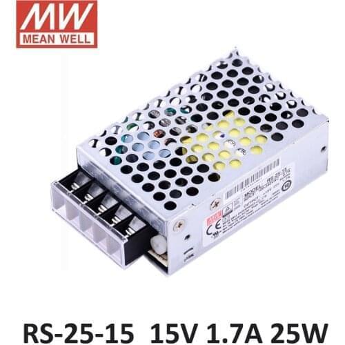 Ac dc power source 15V 1.7A 25W Original Meanwell Switch Power Supply RS-25-15 Miniature size 300VAC input surge SMPS PSU 15V DC