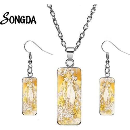 Alphonse Mucha Vintage Illustration Jewelry Sets Silver Color Art Painting Glass Dome Rectangle Necklace Drop Earrings for Women