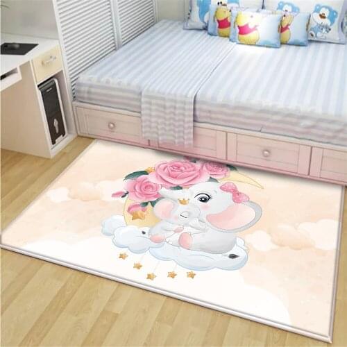 Cartoon Elephant Children Comfortable Yellow Carpet Non-Slip Flannel Carpet Baby Hand Print Bedroom/Living Room Decor Carpet