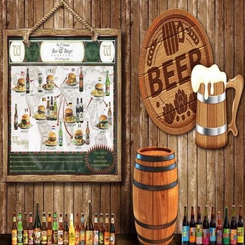 Drop Shipping Custom 3D Photo Wallpaper Beer Delicious Hamburger Decoration Nostalgic Wooden Wall Mural Restaurant Wallpaper