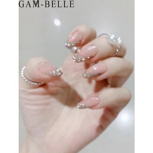 GAM-BELLE 24pcs Glitter Detachable False Nails Ballerina Pink Press On Fake Nails Tips Full fake nail with design Manicure Tool