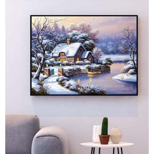 HUACAN Cross Stitch Embroidery Winter Scenery Cotton Thread Painting DIY Needlework Kits 14CT Winter Home Decoration