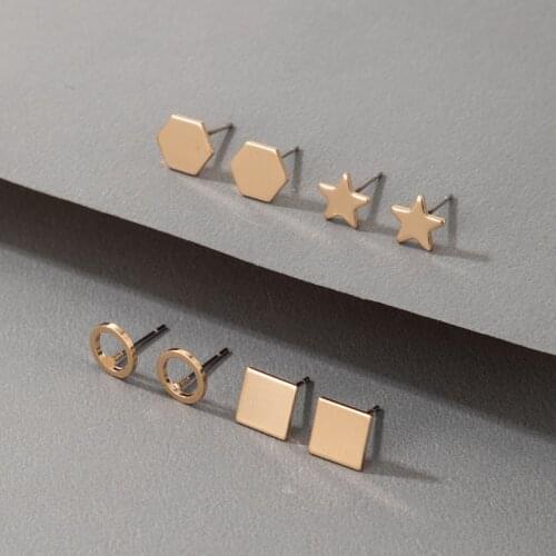HuaTang 4pair/set Punk Gold Color Geometric Studs Earrings Sets for Women Simple Design Little Circle Star Earrings Jewelry Gift