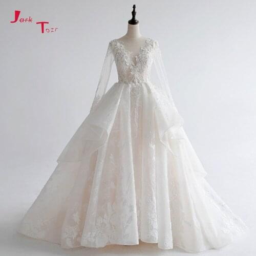 Jark Tozr New Special Long Sleeve Wedding Gowns Vestido De Noiva Beading Appliques Lace Flowers A-line Bridal Dresses
