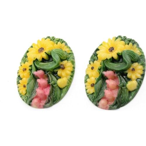 5pcs Handmade Flat Back Oval Colorful Resin Flower Cabochons Fit Mobile Phone Hairpin Headwear DIY Accessories Approx 31x41mm