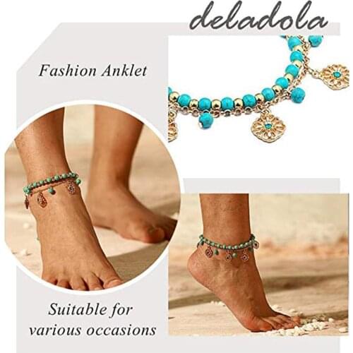 Summer Bohemian Multiple Layers Sun Flower Blue Beads Turquoises Anklet Sexy Ethnic Gold Foot Chain Beach Foot Jewelry