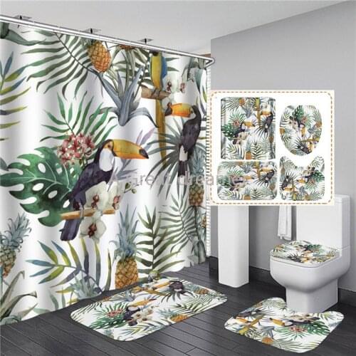 Fashion Green Leaves Flower Printed Shower Curtain Set Green Toilet Non-slip Mat Bathroom Lid Carpet Home Decor Accept wholesale