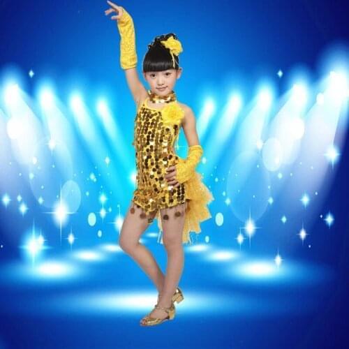 Generous collar Halter Sequins Veil Dress Skirt new Childrens Dancewear Performance Clothes Modern Latin Dance Stage Costume