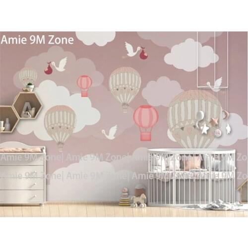 Rose dusty pink color balloon sky cloud birds moutains cartoon design wallpapers for girls room decor discount customerize size