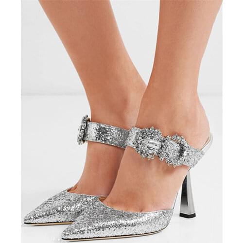 Sandalias Mujer Summer Luxury Sliver High Heels Mules Rhinestone Sandals Buckle Pointed Toe Ladies Shoes Metal Decor Shoes Woman