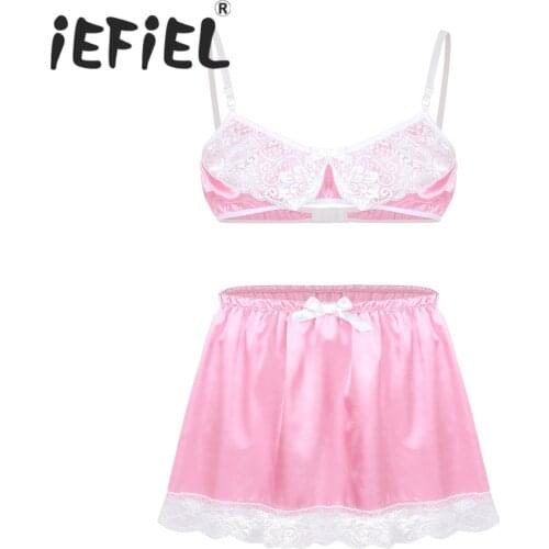 Sexy Mens Smooth Satin Lace Sissy Lingerie Set Adjustable Spaghetti Shoulder Straps Bra Top with Elastic Waistband Short Skirt