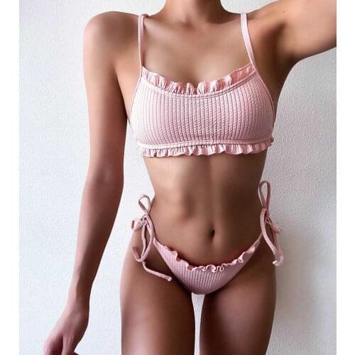 Sexy Two-Piece Suit Bikini Set Ruffle Women Swimwear Halter Pushed Up Adjustable Strap New Beach Monokini Bodysuit Bathingsuit