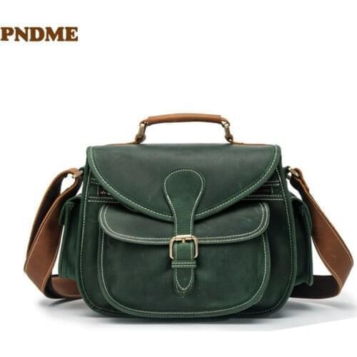 Retro high quality crazy horse cowhide mens womens camera bag fashion casual genuine leather shoulder messenger bags handbag