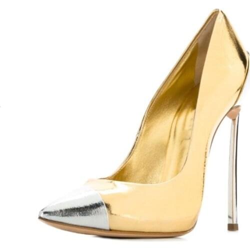 Unisex Men Women Sexy Golden Patchwork Pointed Toe Stiletto High Heel Size 41 42 43 44 45 US 10 11 12 13